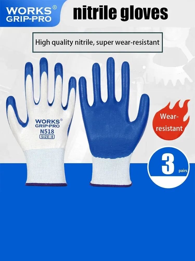 Heavy-Duty Nitrile Coated Work Gloves: Non-Slip, Breathable, Industrial Safety, 3 Pairs