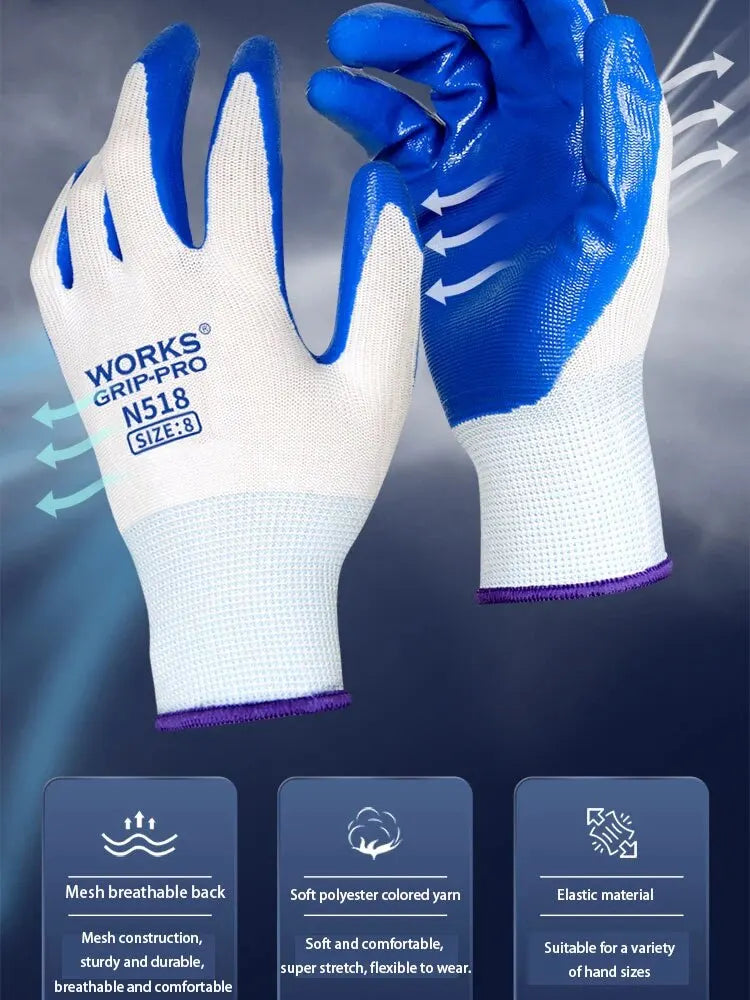 Heavy-Duty Nitrile Coated Work Gloves: Non-Slip, Breathable, Industrial Safety, 3 Pairs