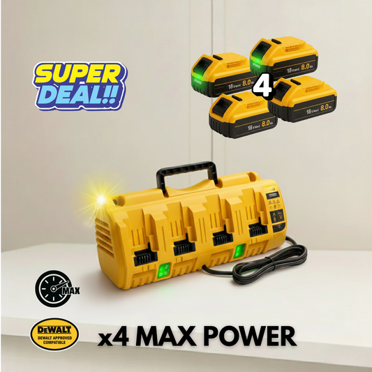 DeWalt Max 4-Port Rapid Battery Charger + Max Power X4 Batteries