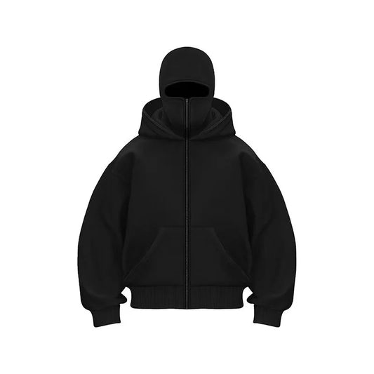 Unisex Autumn Winter Fleece Hoodie with Mask Design, Casual Sportswear Plus Size