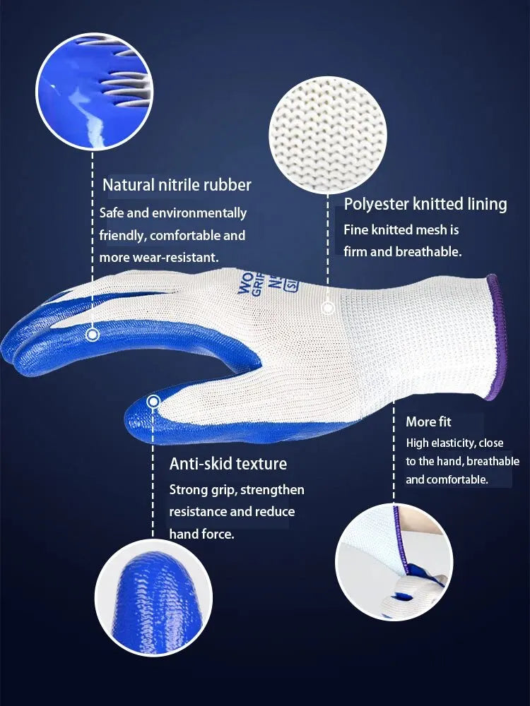 Heavy-Duty Nitrile Coated Work Gloves: Non-Slip, Breathable, Industrial Safety, 3 Pairs